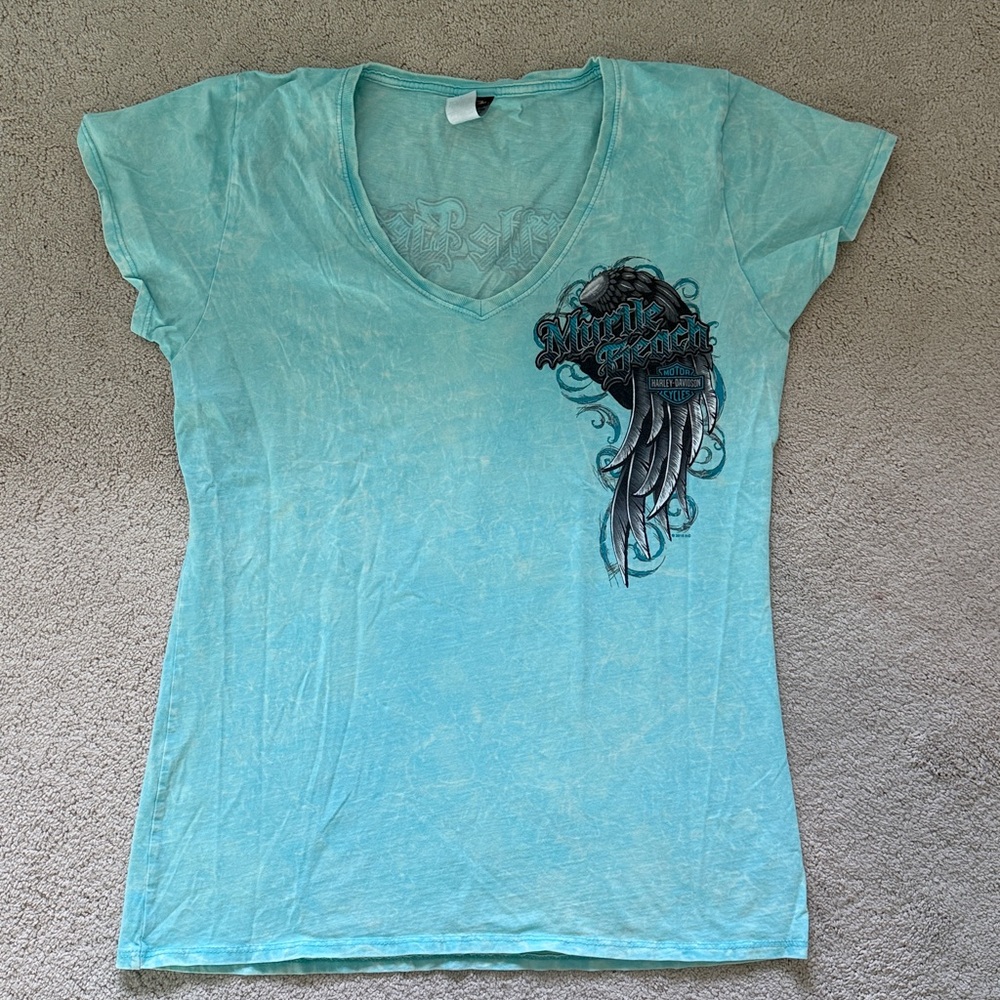 Harley Davidson Tie Dye V Neck Women's Large Short Sleeve T Shirt Bikercore Blue